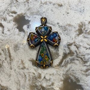 Floral Millefiori Glass Cross Pendant - Multicolor